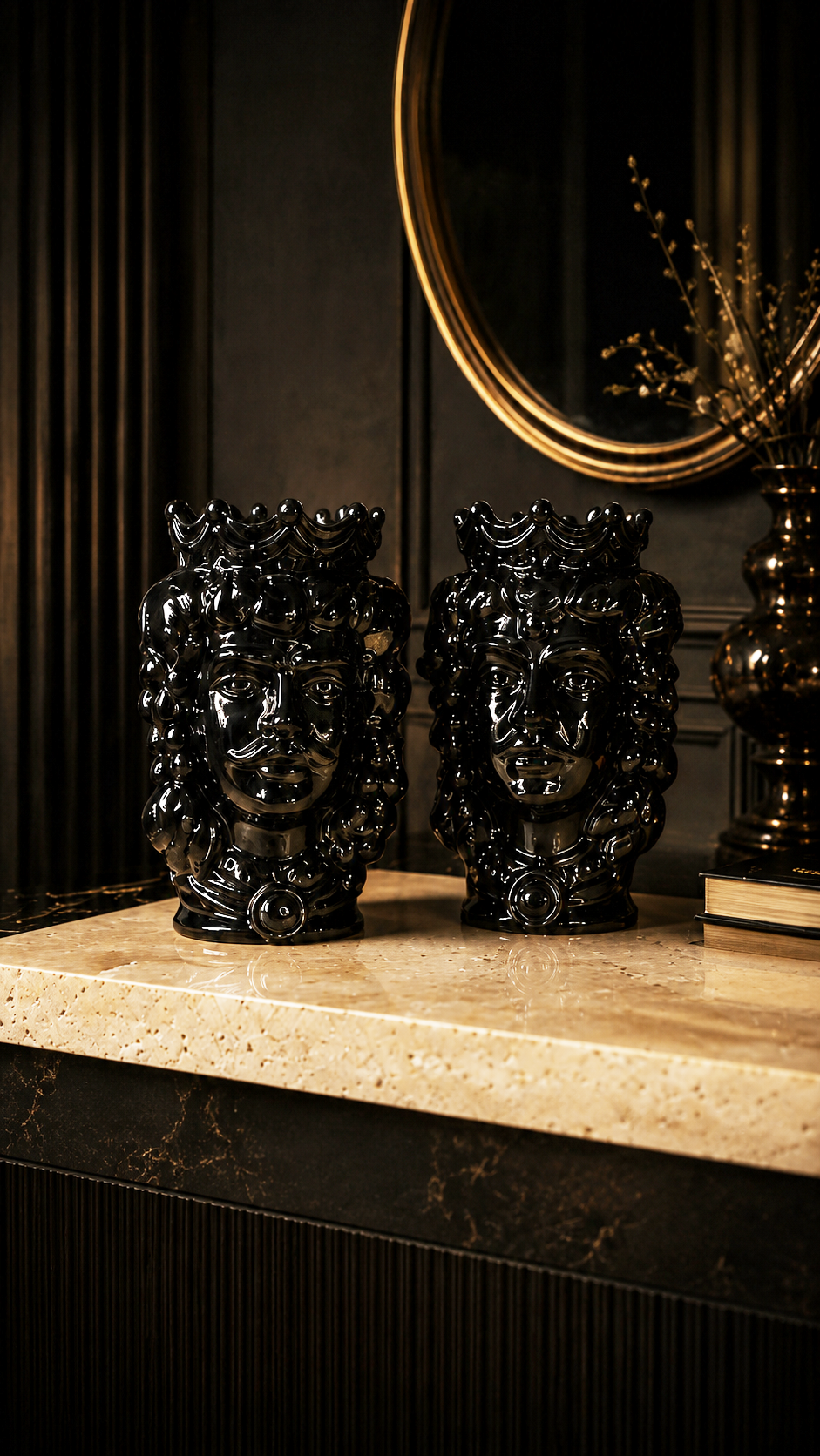 Sicilian Moor Head Vase — Black (Pair, 5.5 in)