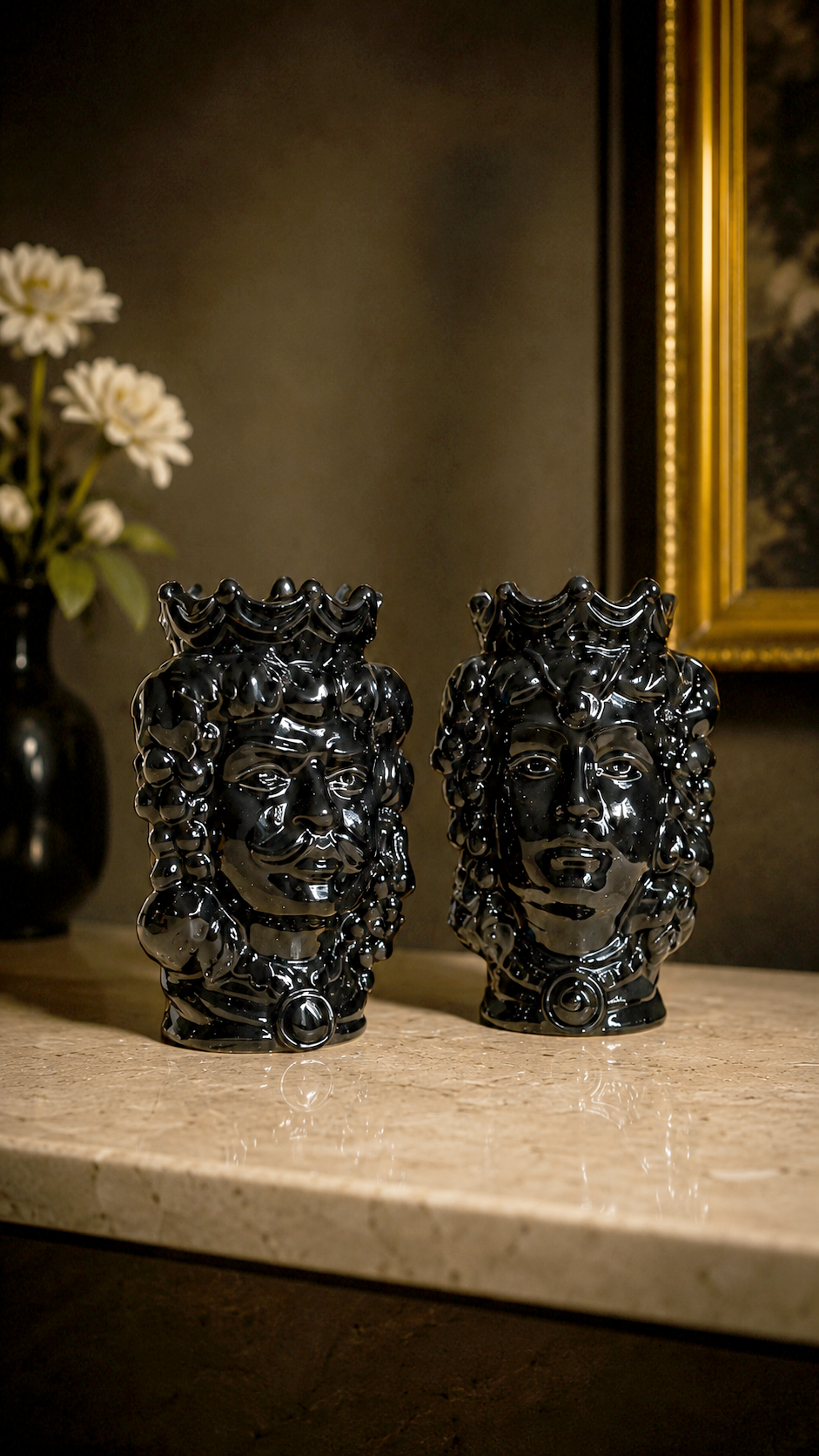 Sicilian Moor Head Vase — Black (Pair, 5.5 in)