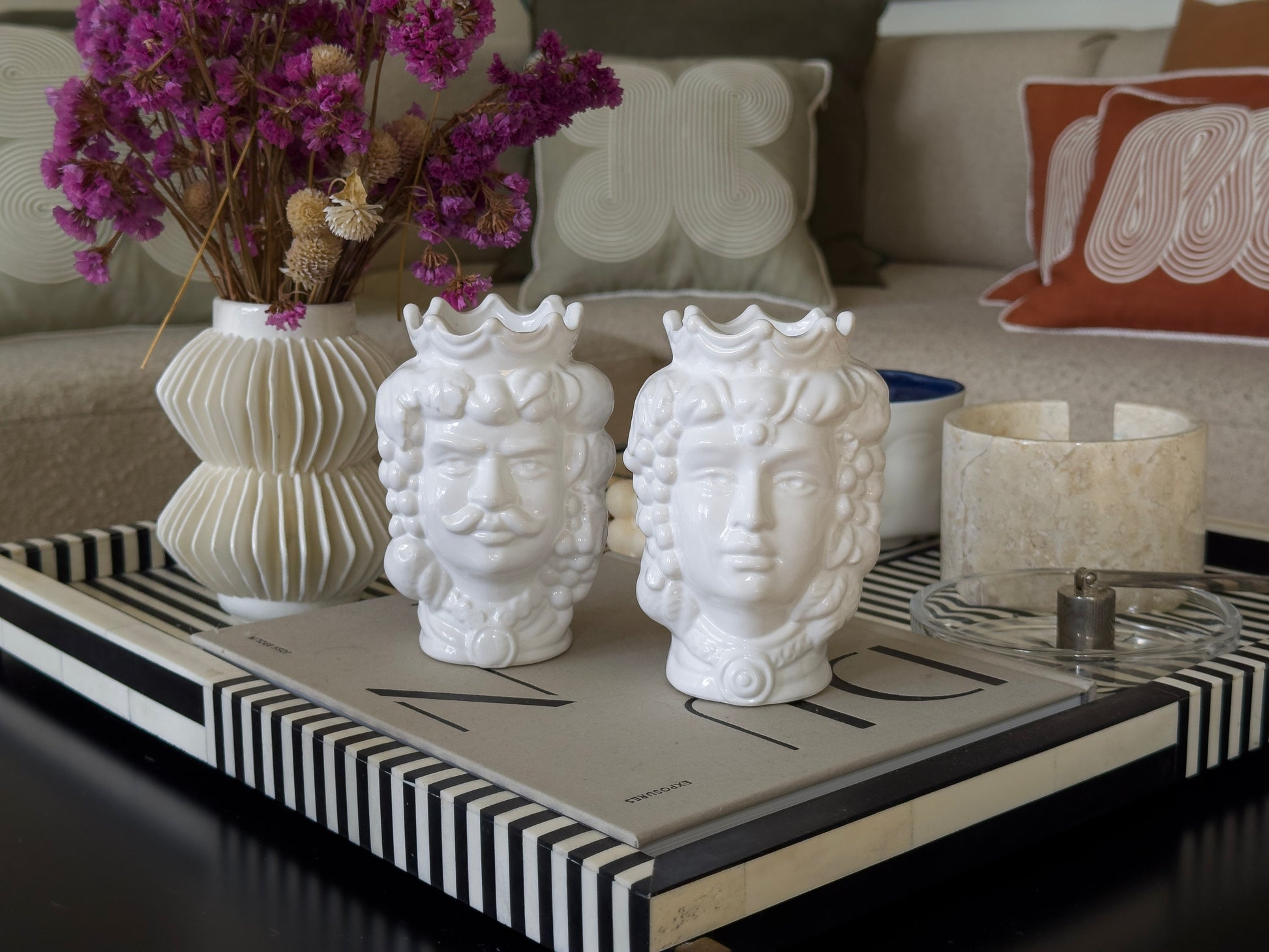 White Sicilian Moor head ceramic vase pair handmade in Italy
