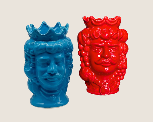 Sicilian Moor Head Vase — Red & Blue Two Kings (5.5 in Pair)