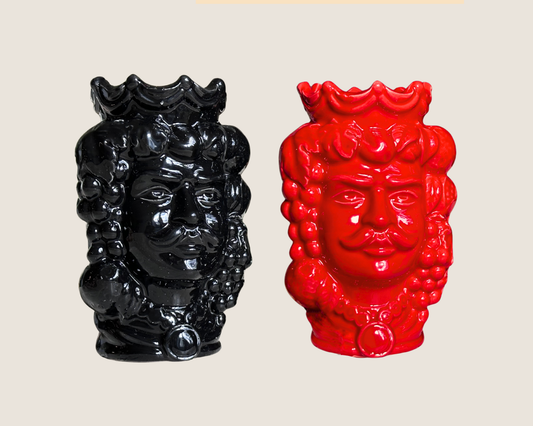 Sicilian Moor Head Vase — Black & Red Two Kings (5.5 in Pair)